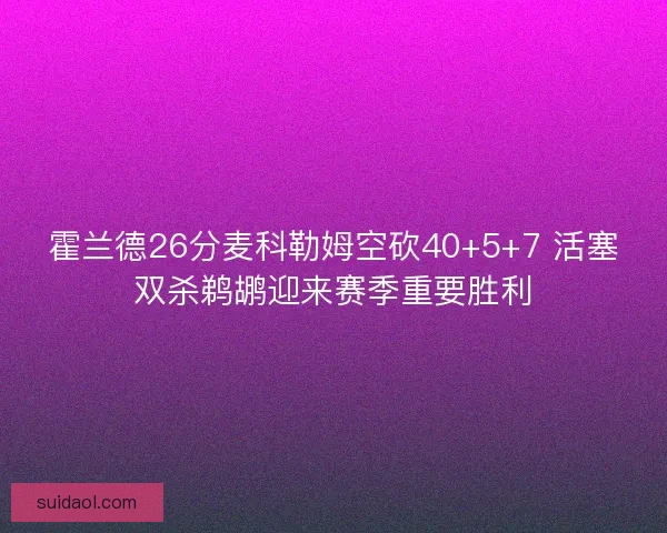 霍兰德26分麦科勒姆空砍40+5+7 活塞双杀鹈鹕迎来赛季重要胜利